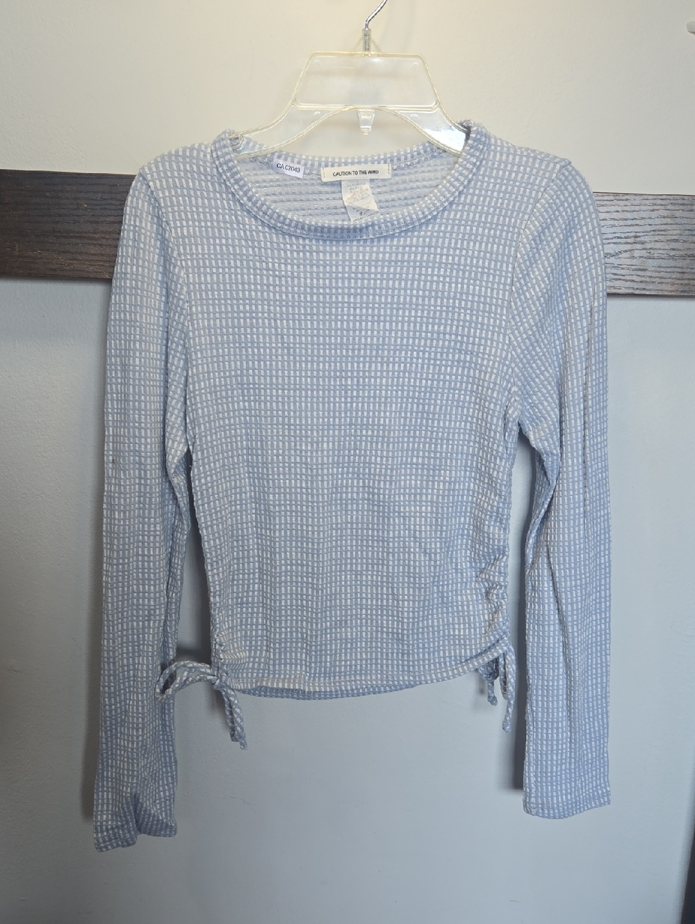 Caution To The Wind Light Blue Waffle-Knit Long Sleeve Side-Tie Top